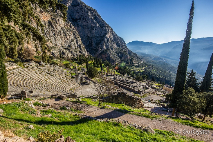 A view of the Delphi UNESCO archeological site from the top of the hill. We had the whole site to ourselves.